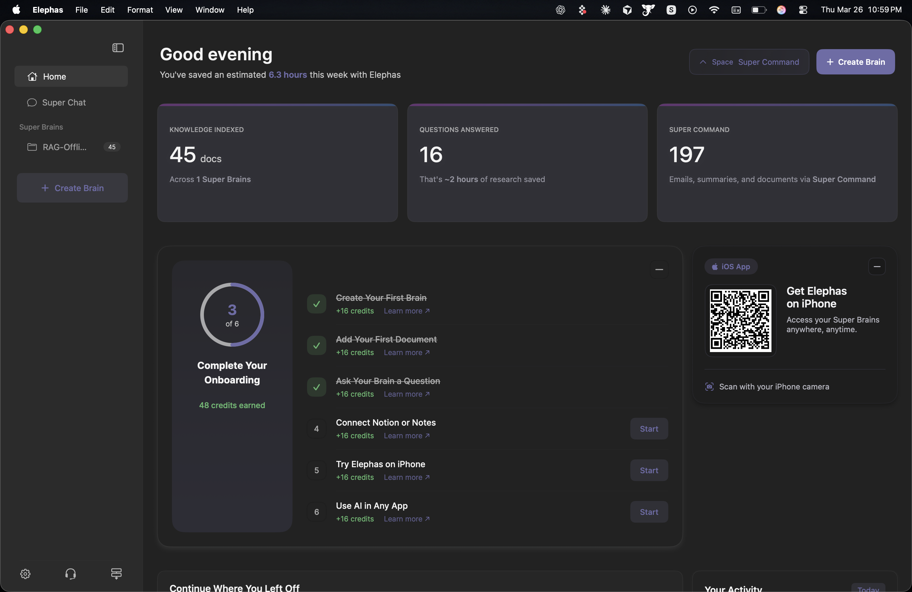 Elephas dashboard — knowledge indexed, questions answered, Super Command stats