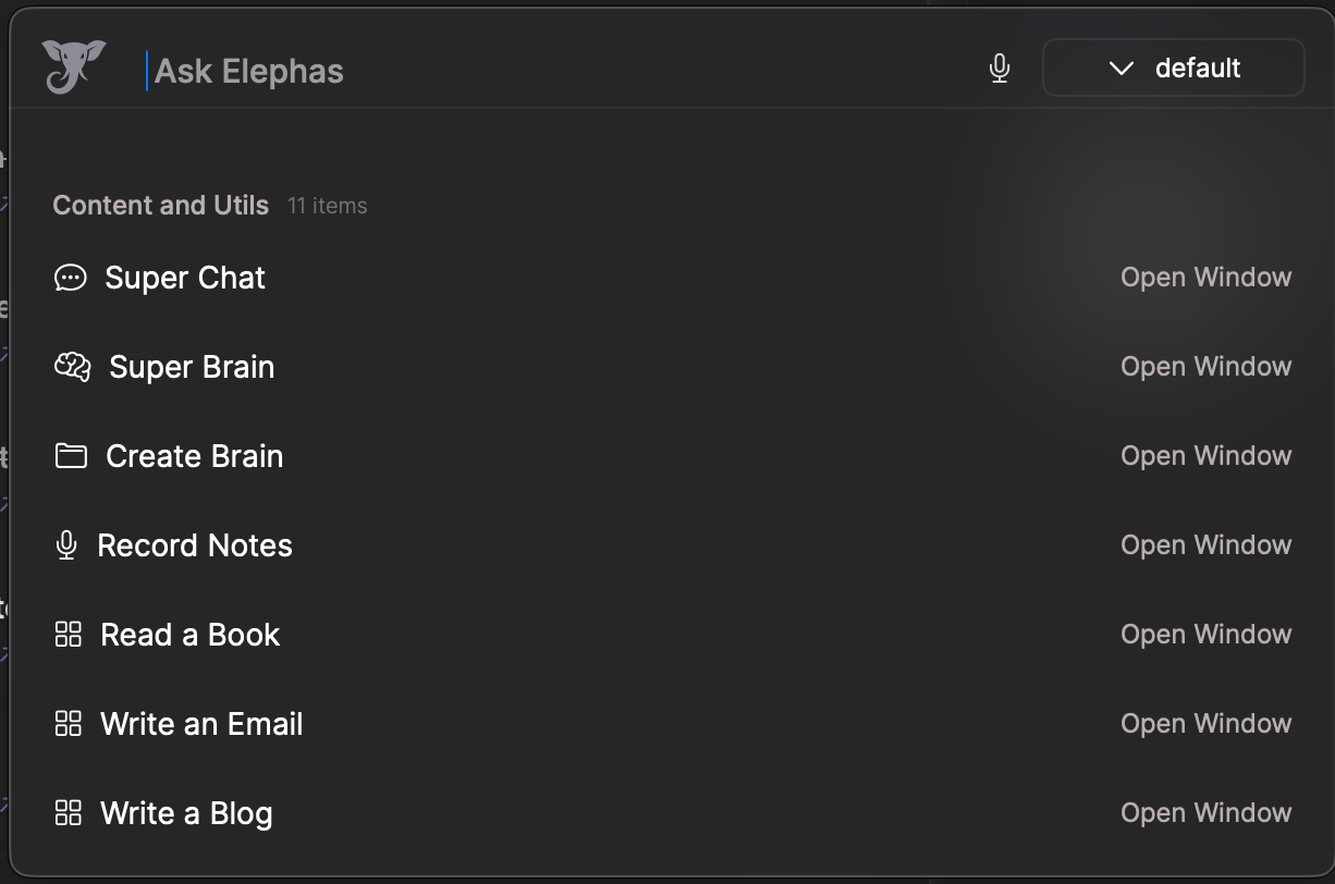 Elephas menu bar — quick access to all features
