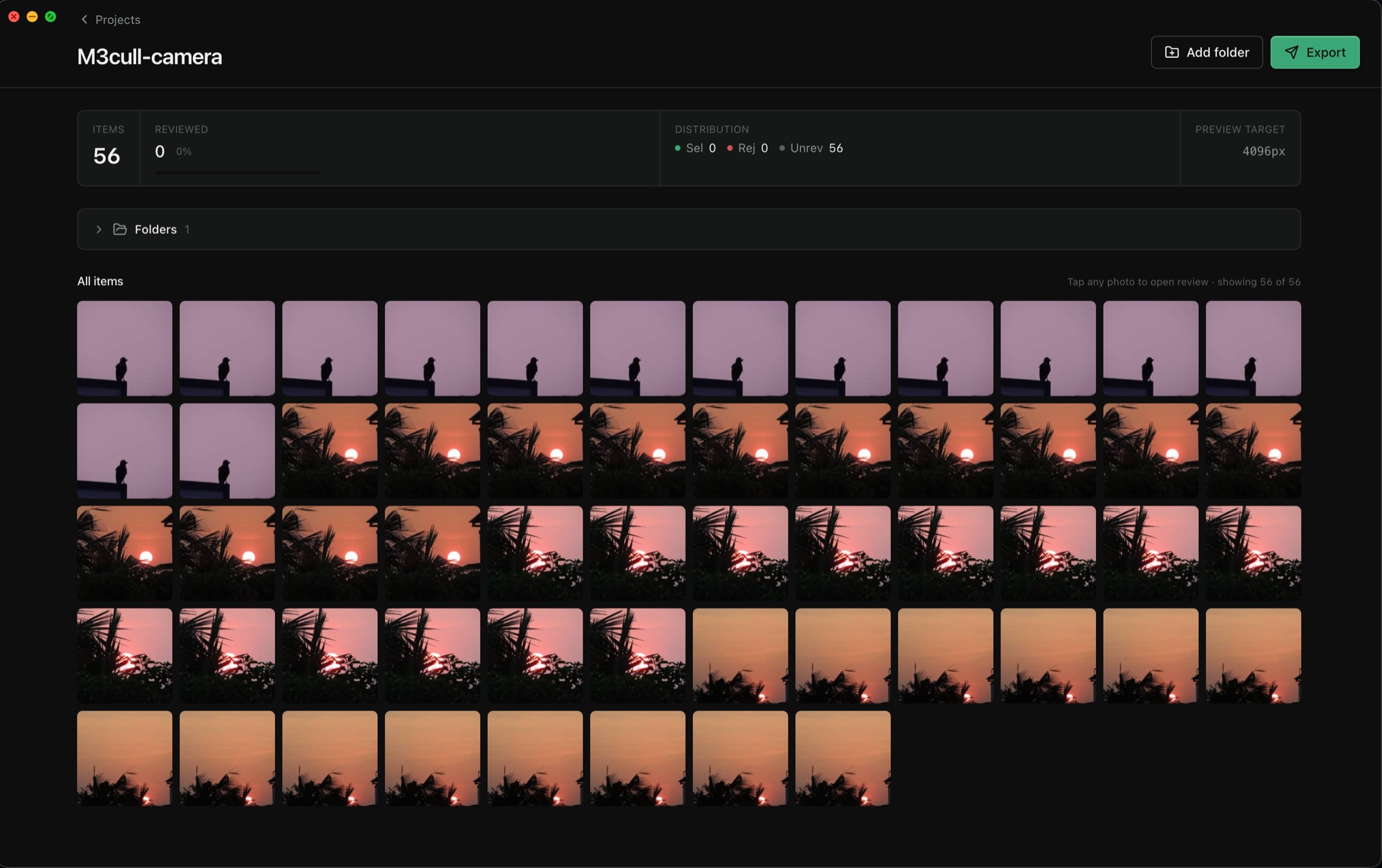 m3cull project overview — thumbnail grid showing 56 imported photos with bucket distribution